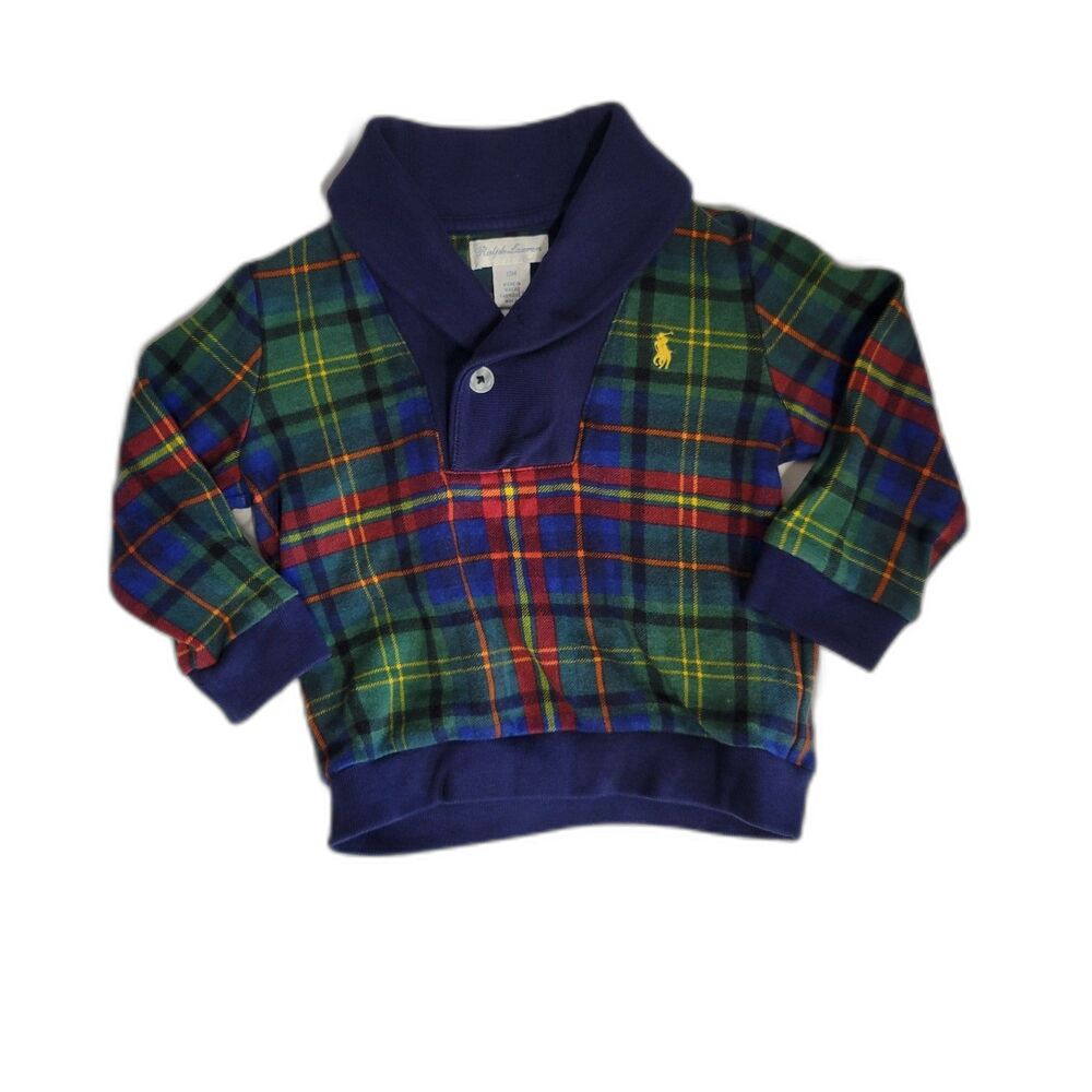 Ralph Lauren Infant Plaid Tartan Sweatshirt Blue Shawl Collar Pullover 12M